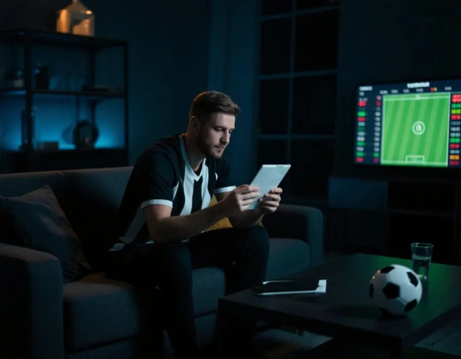 理性查看賽事資訊與數據的球迷插圖